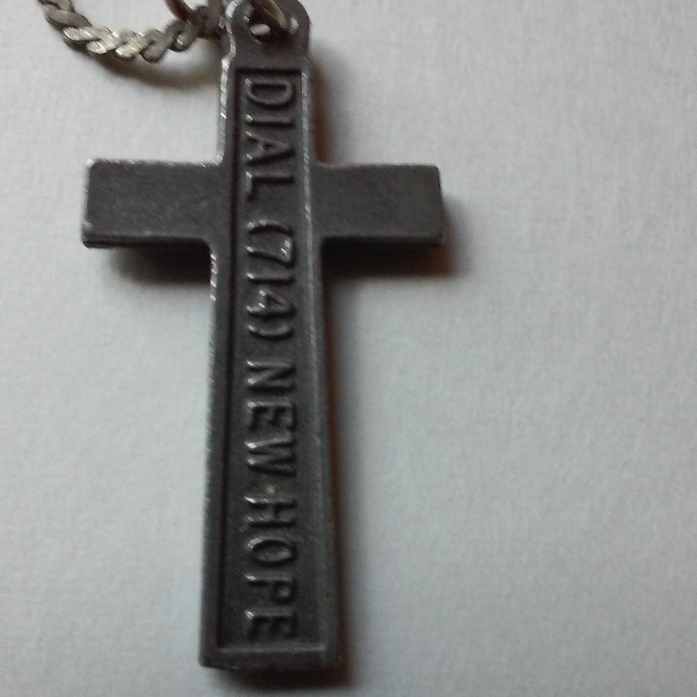 Vintage Unisex SIlver Cross TBN Phone Number On Back Hangs 10 1/2" Cross 1 3/8"